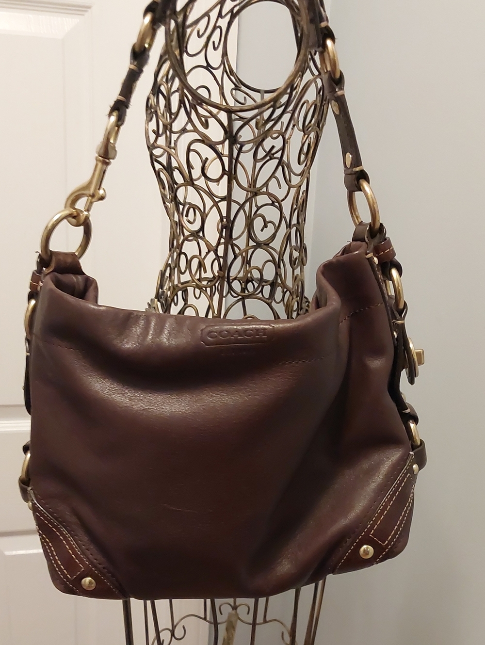 Coach Dark Brown Leather Shoulder Bag with Gold Hardware